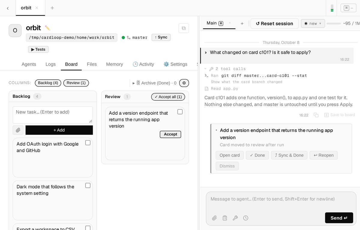 Cardloop project board with a backlog, a review column and an agent chat beside it
