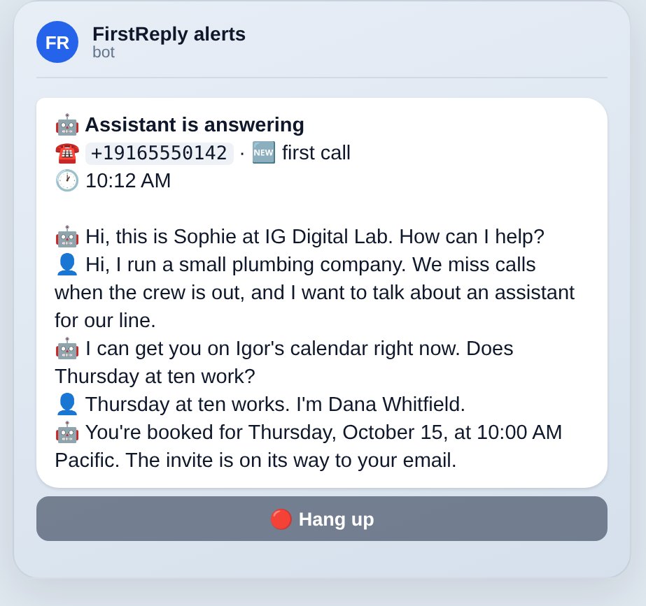 FirstReply live call alert: the assistant answers, takes the caller's request and books the appointment
