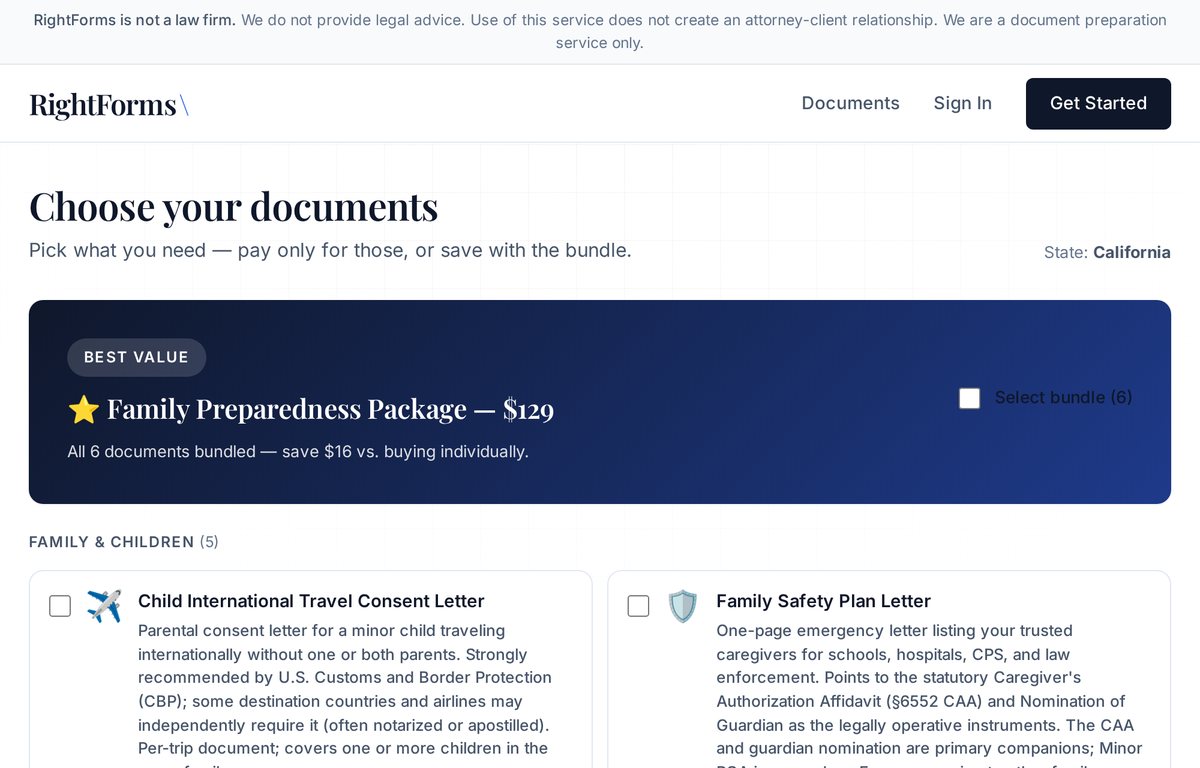 RightForms document catalog: a California family picks the legal documents to generate
